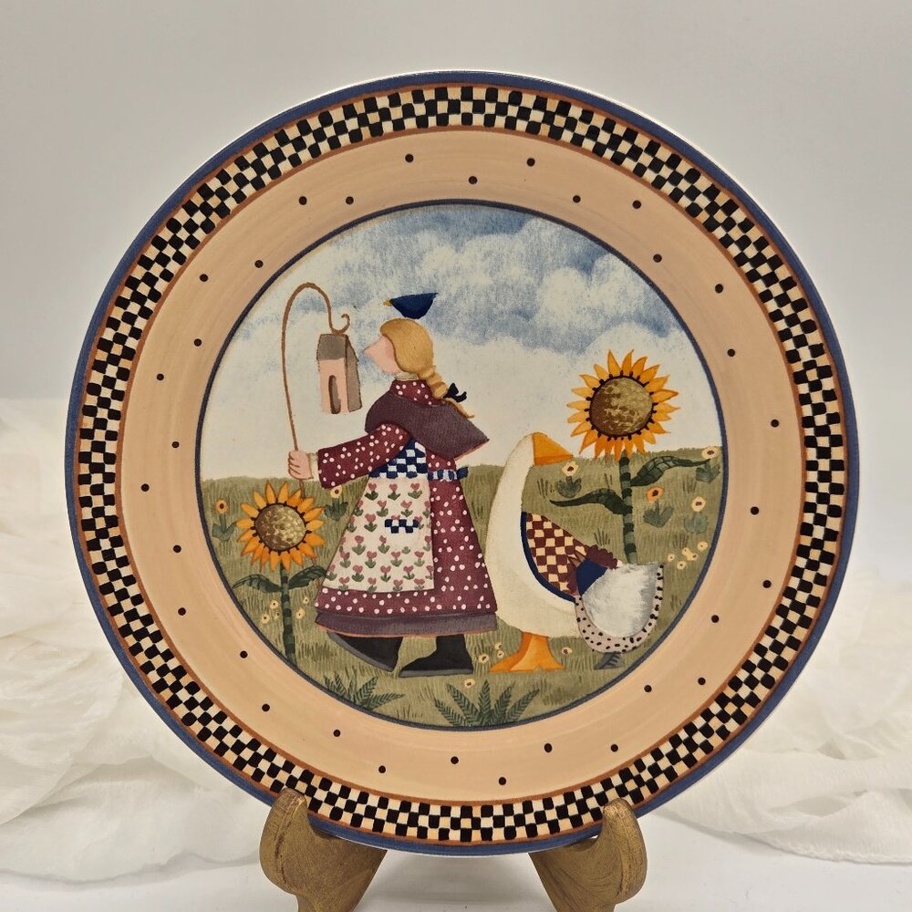 Williraye Studio 1999 Folk Art Plate 8” – Country Farm Woman Sunflower Plate